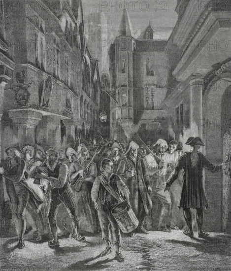 French Revolution. Paris on the night of 14 July 1789. People take to the streets. Drawing by Hippolyte de la Charlerie. Engraving by Pannemaker-Ligny. ""History of the French Revolution"". Volume I, 1876.