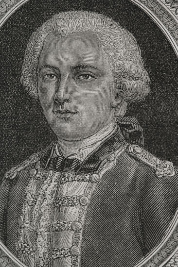 Cesar Henri de La Luzerne (Cesar Henri Guillaume de La Luzerne) (1737-1799), Count de Beuzeville and Lord of Rilly and Chambon. French aristocrat, military officer and politician. Governor-general of Saint-Domingue (1786-1787), honorary member of the Academie royale des Sciences, lieutenant general des armees, governor of the Leeward Islands (1785-1787) and Secretary of State of the Navy (1787-1790), during the reign of Louis XVI. Portrait. Engraving by Pannemaker. ""History of the French Revolution"". Volume I, 1876.