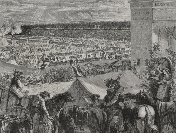 History of France. Fete de la Federation (Festival of the Federation). Commemoration of the first anniversary of the Storming of the Bastille, symbol of the beginning of the French Revolution. Paris, Champ de Mars, 14 July 1790. Drawing by Hippolyte de la Charlerie. Engraving by Jonnard. ""History of the French Revolution"". Volume I, 1876.