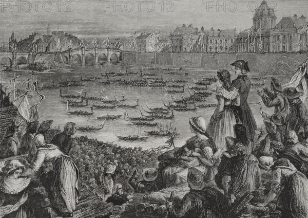 History of France. Fete de la Federation (Festival of the Federation). Commemoration of the first anniversary of the Storming of the Bastille, symbol of the beginning of the French Revolution. Paris, Champ de Mars, 14 July 1790. Regattas held on the Seine on 18 July 1790 on the occasion of the feast of the Grand Federation. Drawing by Hippolyte de la Charlerie. Engraving by Jahyer. ""History of the French Revolution"". Volume I, 1876.