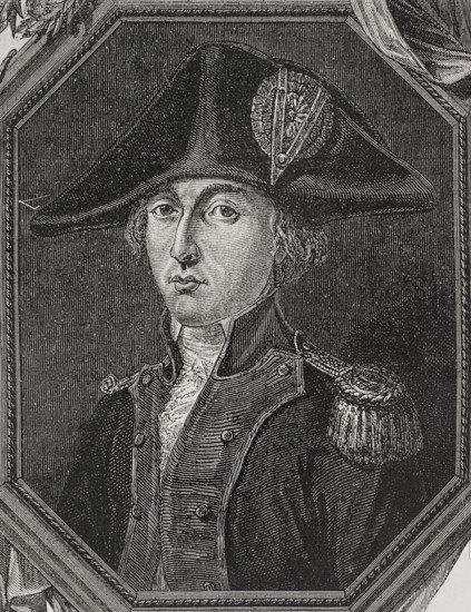 Andre Desilles (1767-1790). Junior French military officer during the early stages of the French Revolution. He died heroically as a result of wounds suffered in the Nancy affair (31 August 1790). Portrait. Engraving. ""History of the French Revolution"". Volume I, 1876.