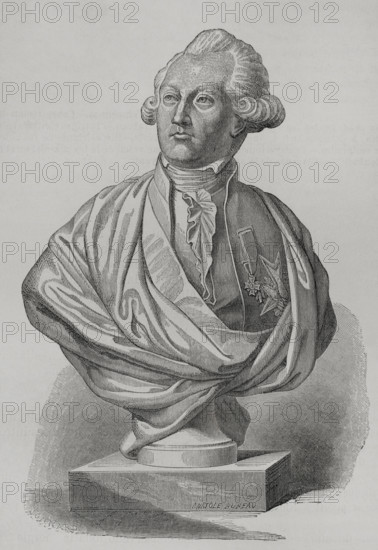 Francois Claude de Bouille (Francois Claude Amour du Chariol) (1739-1800), Marquis de Bouille. French general and colonial administrator. Governor of Guadeloupe (1769-1771) and the French Antilles (French West Indies) (1777-1783). He supported King Louis XVI, being the main conspirator involved in the failed royal Flight to Varennes during the night of 20-21 June 1791. Portrait. Engraving by Jonnard. ""History of the French Revolution"". Volume I, 1876.
