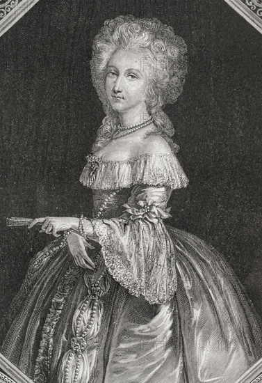 Elisabeth of France (Elisabeth Philippe Marie Helene of France) (1764-1794), known as Madame elisabeth. French princess, younger sister of King Louis XVI of France. She remained beside her brother and his family during the French Revolution, being executed on 10 May 1794, during the Reign of Terror. Portrait. Drawing by Hippolyte de la Charlerie. Engraving by Pannemaker. ""History of the French Revolution"". Volume I, 1876.