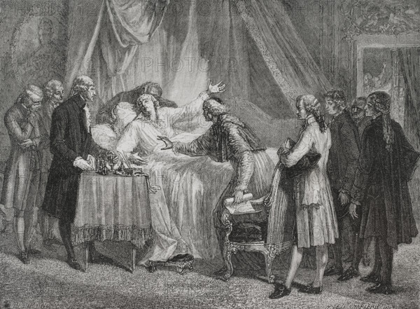 Honore-Gabriel Riqueti, comte de Mirabeau (1749-1791). French politician, leader of the early stages of the French Revolution. Death of Mirabeau, 2 April 1791. Drawing by Hippolyte de la Charlerie. Engraving by Blanpain. ""History of the French Revolution"". Volume I, 1876.