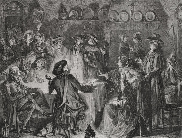 French Revolution. Flight to Varennes (20-21 June 1791). Arrest of King Louis XVI (1754-1793) and his family at Varennes on 21 June 1791, as he tried to reach the Royalist stronghold of Montmedy. Drawing by Hippolyte de la Charlerie. Engraving by T. Meyer-Heine. ""History of the French Revolution"". Volume I, 1876.