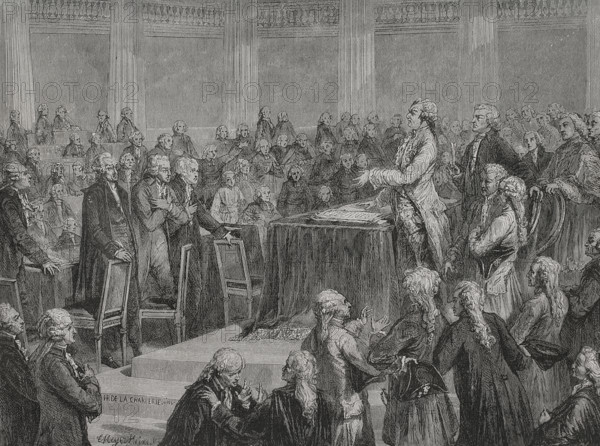 French Revolution. French Constitution of 1791. It was the first written constitution in France, established after the collapse of the absolute monarchy of the Ancien Regime. It enacted popular sovereignty. King Louis XVI (1754-1793) accepting and swearing the Constitution before the National Assembly, 14 September 1791. Drawing by Hippolyte de la Charlerie. Engraving by Meyer-Heine. ""History of the French Revolution"". Volume I, 1876.