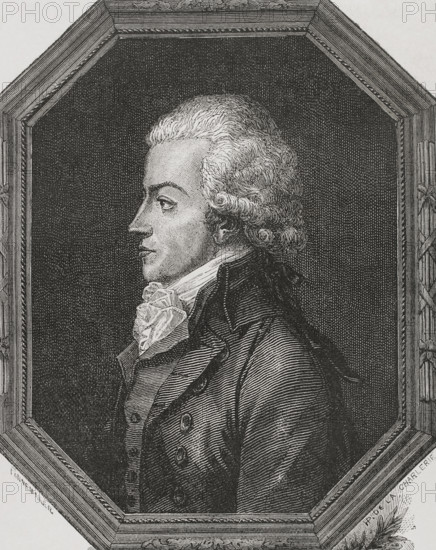 Antoine Barnave (Antoine-Pierre-Joseph-Marie Barnave) (1761-1793). French politician. Elected deputy for the Third Estate to the Estates General in 1789. Defender of the constitutional monarchy and co-founder of the Feuillants Club. Portrait. Drawing by Hippolyte de la Charlerie. Engraving by Pannemaker. ""History of the French Revolution"". Volume I, 1876.