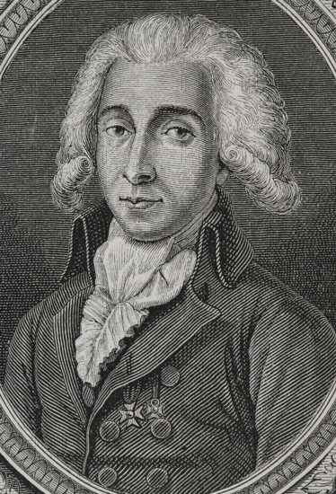 Victor de Broglie (Charles Louis Victor de Broglie) (1756-1794), Prince of Broglie. French general and politician. He served with the Marquis de La Fayette and the Comte de Rochambeau in the American War of Independence. He presided over the assembly of the nobility of the bailiwicks of Colmar and Selestat, which elected him, on 1 April 1789, deputy of the nobility to the Estates General. He was a member of the Jacobin Club and sat in the National Constituent Assembly. Chief of Staff of the First Republic's Army on the Rhine. During the Reign of Terror, he was denounced, arrested and guillotined in Paris. Portrait. Engraving. ""History of the French Revolution"". Volume I, 1876.