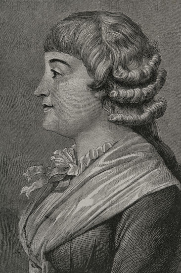 Madame Roland (Marie-Jeanne Roland de la Platiere) (1754-1793). French revolutionary. She was sentenced to the guillotine during the Reign of Terror. Portrait. Engraving. ""History of the French Revolution"". Volume I, 1876.