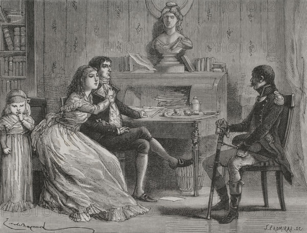 Camille Desmoulins (1760-1794). French journalist and politician, prominent figure during the French Revolution. Despite his radicalism he criticised extreme violence during the Reign of Terror. Desmoulins was arrested on 31 March 1794 and imprisoned in Luxembourg Prison (Luxembourg Palace in Paris), sentenced to death by the Revolutionary Tribunal and executed by guillotine on 5 April. Camille Desmoulins with his wife Lucile (1770-1794). Drawing by Emile Bayard. Engraving by J. Ladmiral. ""History of the French Revolution"". Volume I, part 2, 1879.