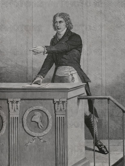 Louis de Saint-Just (Louis Antoine de Saint-Just) (1767-1794). French revolutionary politician, sometimes called the ""Archangel of Terror"". Deputy to the National Convention (20 September 1792 to 27 July 1794). He presided over the Convention from 19 February to 6 March 1794. Member of the Committee of Public Safety. Saint-Just died by guillotine after the arrests and trials following the days of the 9t and 10 Thermidor year II (27th and 28th July 1794). Louis de Saint-Just at the Convention. Engraving. ""History of the French Revolution"". Volume I, part 2, 1879.