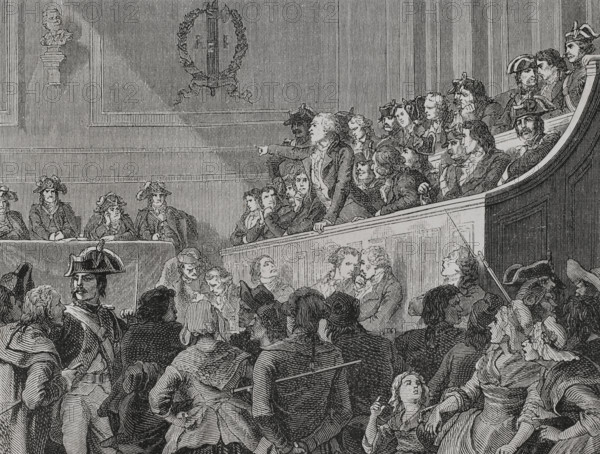 Georges Danton (Georges Jacques Danton) (1759-1794). French lawyer and politician in the French Revolution, one of the first leaders of the Jacobin Club. In March 1793 Danton participated in the creation of the Revolutionary Tribunal. He died at the guillotine on 5 April 1794, accused of being an ""enemy of the Republic"". From 2 to 4 April 1794, Danton was tried before the Revolutionary Tribunal. Danton appealed to the court about his patriotism and the injustice of his trial until he was ordered to remain silent. He was condemned to the guillotine and executed on 5 April. Danton and his companions at the Revolutionary Tribunal. Engraving. ""History of the French Revolution"". Volume I, part 2, 1879.