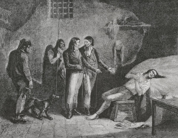 Nicolas de Condorcet (Marie-Jean-Antoine Nicolas de Caritat) (1743-1794). Marquis of Condorcet. French philosopher and mathematician. During the French Revolution he sided with the Girondins. In 1791 was elected representative of Paris in the Legislative Assembly. Sentenced for treason, he was arrested after five months in hiding in Paris in the house of Madame Vernet. Condorcet was found dead on 29 March 1794 in his cell in Bourg-la-Reine prison, only two days after entering it. Death of Condorcet. Drawing by E. Viollat. Drawing by E. Viollat. Engraving. ""History of the French Revolution"". Volume I, part 2, 1879.