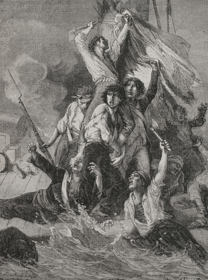 French Revolutionary Wars. Glorious First of June or Fourth Battle of Ushant (1 June 1794). Naval battle between the British and French fleets off the island of Ouessant, between 28 May and 1 June 1794. Sinking of the French warship ""Vengeur du Peuple"". Engraving by J. Ladmiral. ""History of the French Revolution"". Volume I, part 2, 1879.