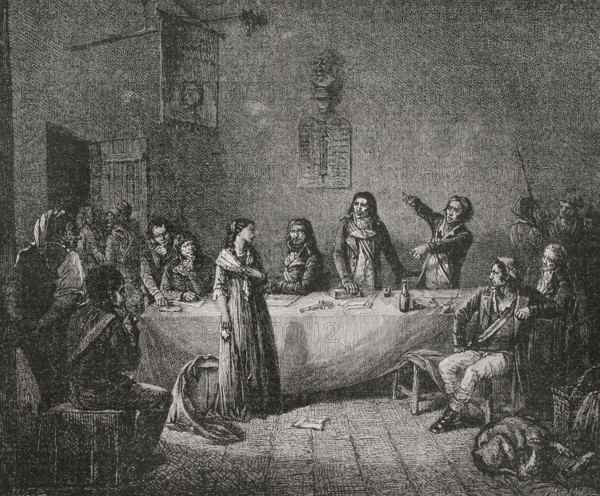 Cecile Renault (Cecile-Aimee Renault) (1774-1794). Young French royalist, accused of attempting to assassinate Maximilien Robespierre during the Reign of Terror. She was condemned to death and guillotined in Paris, along with members of her family, on 17 June 1794 (29 prairial year II). Cecile Renault before the Revolutionary Tribunal. Engraving. ""History of the French Revolution"". Volume I, part 2, 1879.