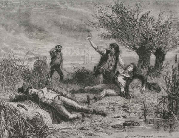 French Revolution. Finding of the corpses of Francois Buzot (1760-1794) and Jerome Petion de Villeneuve (1756-1794), French politicians who fled after being outlawed by the Girondins on 2 June 1793. Saint-Magne-de-Castillon, Gironde (France), 18 June 1794. Drawing by Emile Bayard. Engraving by Quesnel. ""History of the French Revolution"". Volume I, part 2, 1879.