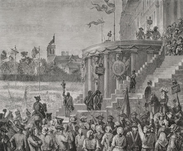 French Revolution. Festival of the Supreme Being on the Champ de Mars in Paris, on 20 of Prairial Year II (8 June 1794). Civic feast celebrated during the Reign of Terror. The National Convention established the cult of the Supreme Being, fixing a day for its first celebration, the 20 Prairial, to be celebrated every ten days. Robespierre presiding over the first celebration, coinciding with his presidency of the Convention. The stage design was by Jacques-Louis David. Engraving by Jonnard. ""History of the French Revolution"". Volume I, part 2, 1879.