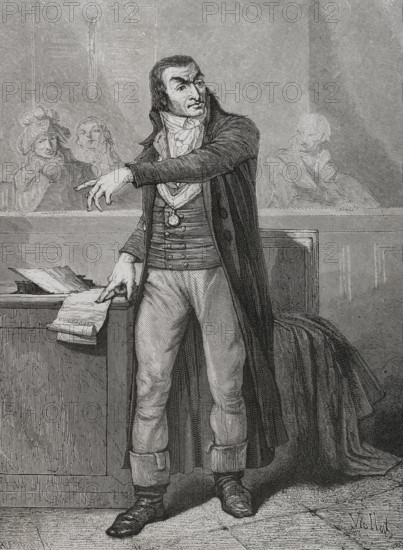 Antoine Fouquier-Tinville (Antoine Quentin Fouquier de Tinville) (1746-1795). French politician who served as public accuser of the Revolutionary Tribunal. Portrait. Drawing by E. Viollat. Engraving by Blanpain. ""History of the French Revolution"". Volume I, part 2, 1879.
