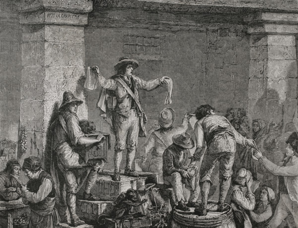 French Revolution. Reign of Terror (September 1793 to July 1794). The list of winners of the Loterie de la Sainte Guillotine (lottery of Sainte-Guillotine). Engraving by Jonnard. ""History of the French Revolution"". Volume I, part 2, 1879.