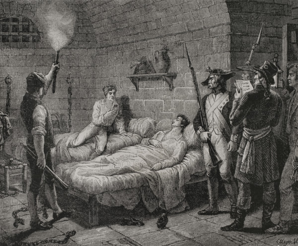 French Revolution. 8 Thermidor Year II (July 26, 1794). Jean Simon Loizerolles (1733-1794) gave himself up to be executed in place of his son, Francois Simon Aved de Loizerolles (1772-1845), while he was deeply asleep in his cell, in Saint Lazare prison, when the guards went to take him. Drawing by Renaud. Engraving by Meyer. ""History of the French Revolution"". Volume I, part 2, 1879.