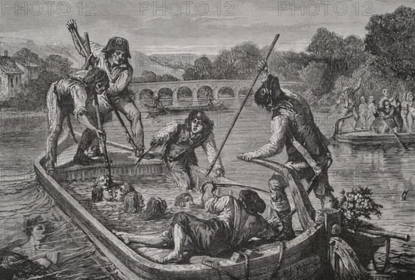 French Revolution. Mass executions by drowning during the Reign of Terror in Nantes, France. They took place between November 1793 and February 1794. Anyone arrested and imprisoned for consistently failing to support the Revolution, or suspected of being a royalist sympathizer, especially Catholic priests and nuns, was thrown into the Loire River and drowned on the orders of Jean-Baptiste Carrier, the representative-on-mission in Nantes. Drawing by H. de la Charlerie. Engraving. ""History of the French Revolution"". Volume I, part 2, 1879.