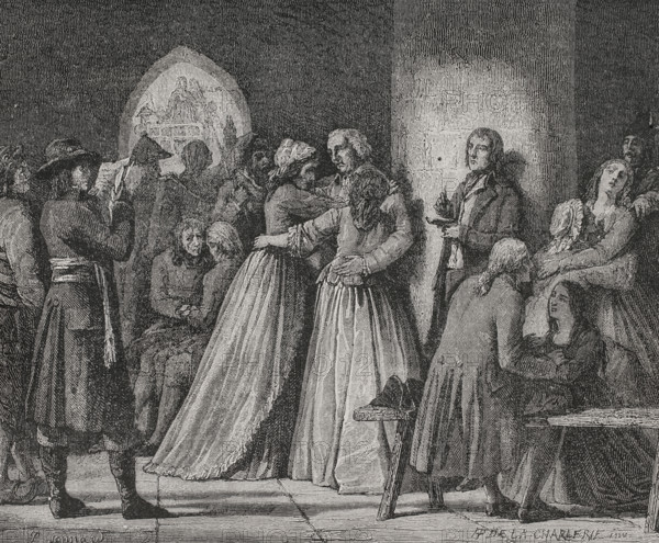 French Revolution. Reign of Terror (1793-1794). Appeal to those condemned to death, 1794. Drawing by Hippolyte de la Charlerie. Engraving by Jonnard. ""History of the French Revolution"". Volume I, part 2, 1879.