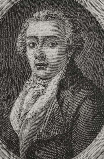 Jean-Antoine Roucher (1745-1794). French poet. During the Reign of Terror he wrote several articles against the revolution, which led to his arrest on October 4, 1793. Roucher was imprisoned in Saint-Lazare Prison. Accused of being the leader of a conspiracy among the prisoners at Saint-Lazare, he was guillotined on 25 July 1794 (7 Thermidor year II). Portrait. Engraving by Pannemaker. ""History of the French Revolution"". Volume I, part 2, 1879.