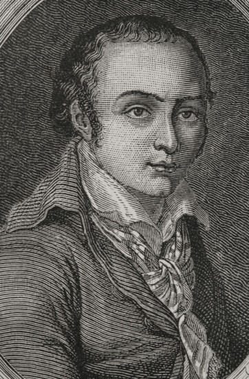 Andre Chenier (Andre Marie de Chenier) (1762-1794). French poet and journalist. He was executed by guillotine in Paris on 7 Thermidor year II (25 July 1794). Portrait. Engraving. ""History of the French Revolution"". Volume I, part 2, 1879.
