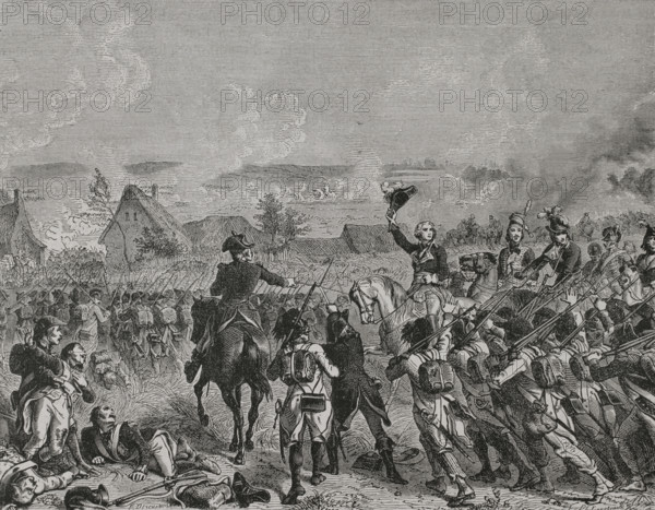 French Revolutionary Wars. Flanders Campaign. Battle of Fleurus (26 June 1794). The French army under General Jean-Baptiste Jourdan, defeated the Coalition army (Hanover, Dutch Republic, Habsburg monarchy and Britain), commanded by Prince Josias of Saxe-Coburg-Saalfeld. Drawing by Felix Philippoteaux. Engraving by Emile Deschamps. ""History of the French Revolution"". Volume I, part 2, 1879.