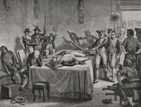 Maximilien Robespierre (1758-1794). French writer, lawyer and politician. One of the leaders of the French Revolution. During the early morning of 10 Thermidor (28 July), soldiers of the Convention entered the Hotel de Ville in Paris, where Robespierre was signing a decree calling the Commune to arms. Hearing the arrival of the troops, Le Bas committed suicide with a pistol. Robespierre had reportedly tried to do the same, but the bullet shattered his jaw, leaving him badly wounded. At 9 a.m. Robespierre, Saint-Just and Couthon were brought before the Revolutionary Tribunal, which sentenced them to be executed that same day by guillotine. Robespierre wounded. Drawing by H. Renaud. Engraving by Blanpain. ""History of the French Revolution"". Volume I, part 2, 1879.