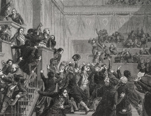 French  Revolution.  Thermidorian Reaction. The Coup of 9 Thermidor Year II. On 27 July 1794, Robespierre pronounced his speech at the National Convention under the shouts of the Thermidorians. The 9 Thermidor at the Convention. Engraving. ""History of the French Revolution"". Volume I, part 2, 1879.
