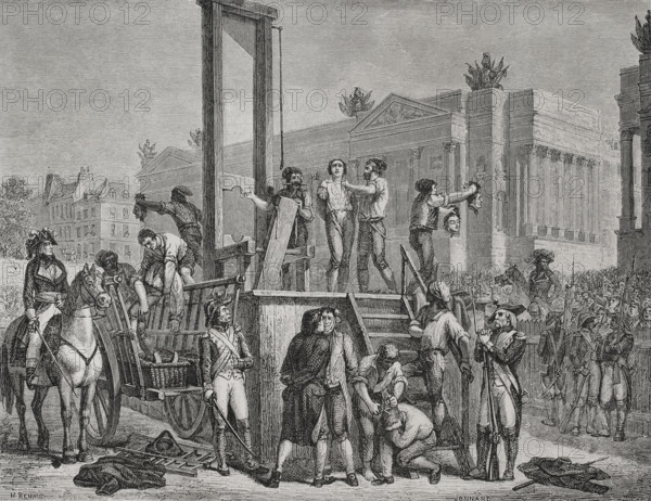 French Revolution. Public execution by guillotin of Maximilien Robespierre (1758-1794) and Louis Saint-Just (1767-1794) at the Place de la Revolution in Paris, on 10 Thermidor Year II (28 July 1794). Drawing by H. Renaud. Engraving by Jonnard. ""History of the French Revolution"". Volume I, part 2, 1879.