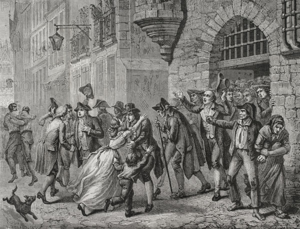 French Revolution (1789-1799). Paris. Freedom for people imprisoned during the Reign of Terror, 1794. Drawing by H. Renaud. Engraving by Jonnard. ""History of the French Revolution"". Volume I, part 2, 1879.