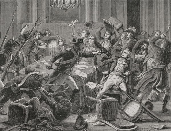 Maximilien Robespierre (1758-1794). French writer, lawyer and politician. Arrest of Robespierre and his followers gathered at the Hotel-de-Ville in Paris on 9 Thermidor Year II (27 July 1794). Engraving by J. Ladmiral. ""History of the French Revolution"". Volume I, part 2, 1879.