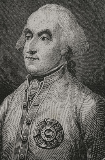 Francois Sebastien de Croix de Clerfayt (1733-1798), Count of Clerfayt. A Walloon Generalfeldmarschall (field marshal), he joined the army of the Habsburg monarchy and soon fought in the Seven Years' War. He later led Austrian troops in the war against Ottoman Turkey. He took part in the French Revolutionary Wars, rising to the rank of field marshal.. Portrait. Engraving. ""History of the French Revolution"". Volume I, part 2, 1879.