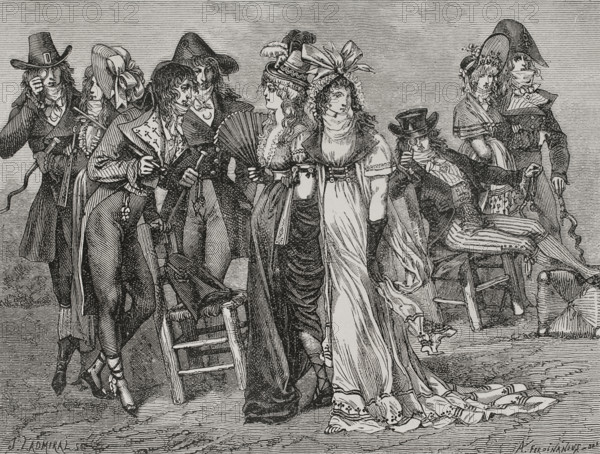 French Revolution. Incroyables and merveilleuses in Paris, between 1794 and 1796. Drawing by A. Ferdinandus. Engraving by J. Ladmiral. ""History of the French Revolution"". Volume I, part 2, 1879.