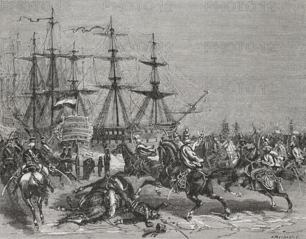French Revolutionary Wars. First Coalition (1792-1797). Capture of the Dutch fleet at Den Helder, January 21, 1795. General Jean-Guillaume de Winter (1761-1812), commanding French troops composed of a squadron of the 8th Hussar Regiment and infantry troops, assaulted the Dutch fleet which was blockaded in the ice. Drawing by A. Ferdinandus. Engraving. ""History of the French Revolution"". Volume I, part 2, 1879.
