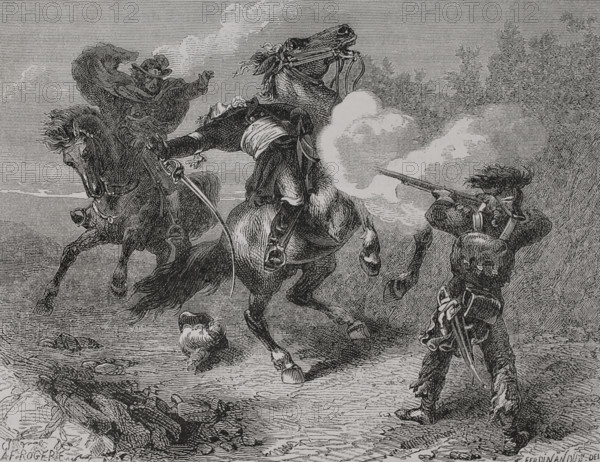 Henri de la Rochejaquelein (1772-1794). General of the Catholic and Royal Army of Vendee. Death of La Rochejaquelein near Nuaille, 28 January 1794. On a reconnaissance mission, he encountered two Republican soldiers who pretended to surrender to him, but then shot him in the forehead. Drawing by A. Ferdinandus. Engraving. ""History of the French Revolution"". Volume I, part 2, 1879.