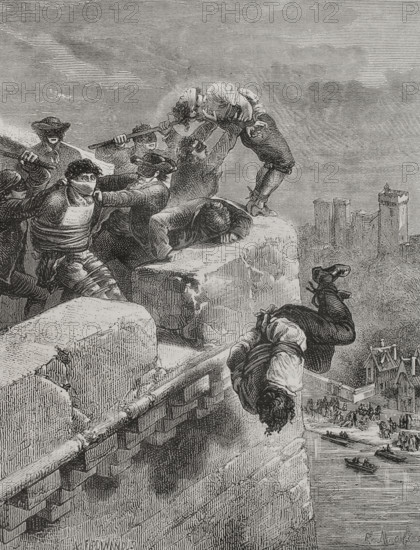 French Revolution. Thermidorian Reaction (1794-1795). First White Terror. Episodes of repression carried out by royalists and anti-Jacobins. Jacobins killed at Tarascon, southern France. A crowd of people opposed to the Revolution stormed the prison and murdered the jailed Jacobins, 25 May 1795. Slaughter of prisoners at Tarascon Castle. Drawing by A. Ferdinandus. Engraving. ""History of the French Revolution"". Volume I, part 2, 1879.