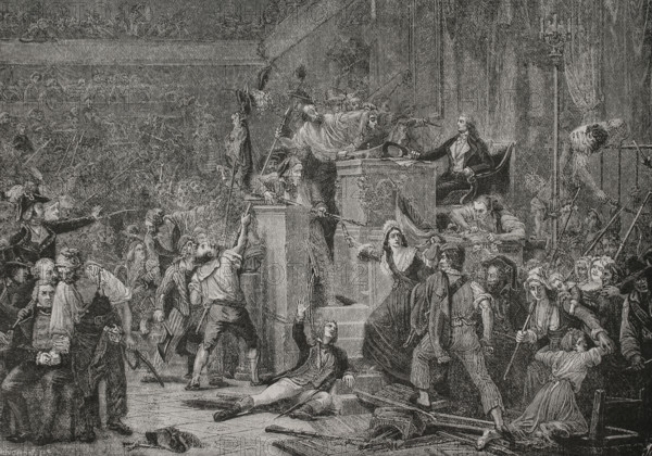 French Revolution. Revolt of 1 Prairial Year III. Popular revolt in Paris on 20 May 1795 against the policies of the Thermidorian Convention. A mob stormed the Convention demanding bread. The deputy Jean-Bertrand Feraud (1759-1795), in charge of supplies in Paris, tried to hold back the crowd while waiting for the National Guard to arrive, but a woman shot him, killing him on the spot. The enraged crowd cut off Feraud's head, nailing it to a pike and carrying it to the Convention chamber. A man in his fifties named Jean Tinelle raised it in front of the President, Theodore Vernier. Assassination of Deputy Feraud in the Convention. Engraving by Jonnard. ""History of the French Revolution"". Volume I, part 2, 1879.