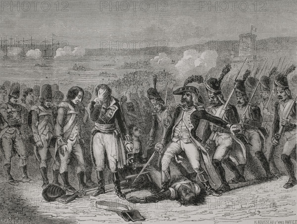 French Revolution. Chouannerie. Battle of Quiberon (23 June to 21 July 1795). Troops of the First French Republic faced a counter-revolutionary army (Armee des emigres), composed of noble refugees after the Revolution and former soldiers of the army of King Louis XVI, who were transported on British ships in support of the revolt of the Chouannerie and the Vendee. On 17 July, on the eastern shore of the Quiberon peninsula, forces of the Republican General Lazare Hoche (1768-1797), after taking the fort of Penthievre, repelled the Royalists who were forced to flee by sea or surrender. Disembark and defeat of the Royalists at Quiberon. Drawing by H. Rousseau after Raffet. Engraving. ""History of the French Revolution"". Volume I, part 2, 1879.