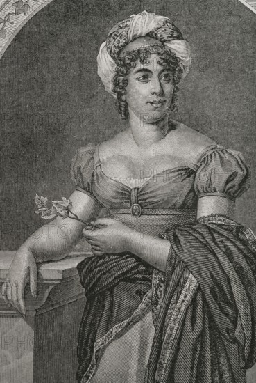 Germaine de Stael (Anne Louise Germaine de Stael-Holstein) (1766-1817), known as Madame de Stael. French-Swiss philosopher, woman of letters and political theorist. Famous for her literary salon in Paris. Portrait. Engraving. ""History of the French Revolution"". Volume I, part 2, 1879.