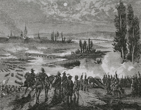 French Revolutionary Wars. War of the First Coalition (1792-1797). Rhine campaign of 1795. On 8 September 1795, General Jourdan crossed the Rhine with his army north of Dusseldorf. Passage of the Rhine ahead of Dusseldorf. Drawing by A. Ferdinandus. Engraving by Ansseau. ""History of the French Revolution"". Volume I, part 2, 1879.