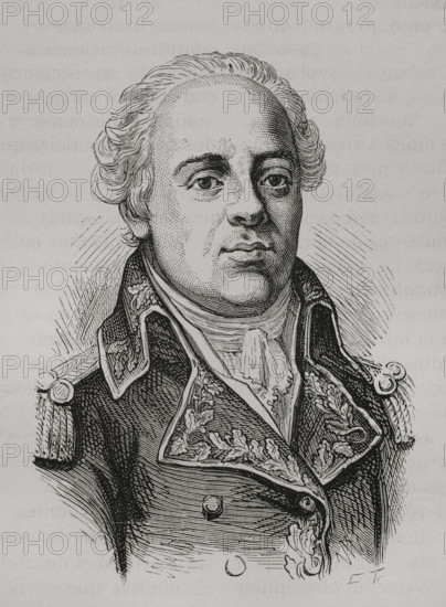 Jacques-Francois Menou (1750-1810), called Abdallah de Menou when he converted to Islam, after marrying an Egyptian woman. French general of the Revolutionary and Napoleonic Wars. He held the rank of field marshal in 1789 when he was elected by the Second State of the Bailiwick of Touraine to the Estates General of 1789. In 1798, he commanded one of the five divisions of the Armee d'Orient in the Egyptian campaign. He succeeded Jean-Baptiste Kleber as general in chief of the forces in Egypt after his assassination on 14 June 1800. Portrait. Engraving. ""History of the French Revolution"". Volume I, part 2, 1879.