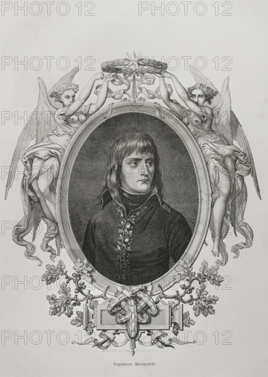 Napoleon I Bonaparte (1769-1821). Consul for Life (1802) and Emperor of the French (1804-1815). Portrait. Drawing by Viollat. Engraving by Pannemaker. ""History of the French Revolution"". Volume I, part 2, 1879.