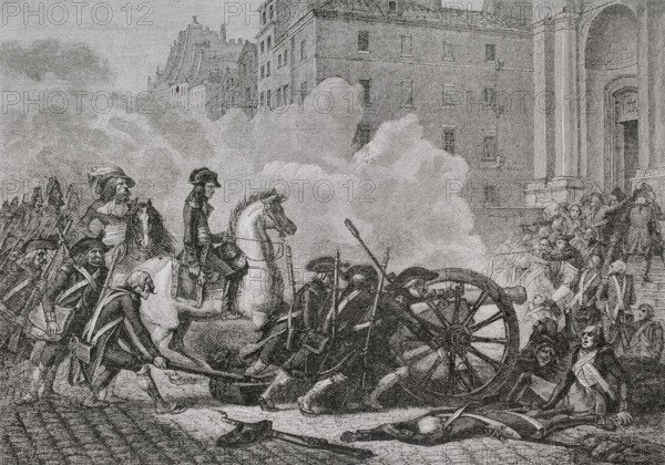 French Revolution. 13 Vendemiaire Year IV (5 October 1795). Royalist insurrection in Paris against the anti-monarchist policies of the Thermidorian Reaction. It was suppressed and quelled by French Republican troops commanded by General Napoleon Bonaparte (1769-1821). Napoleon crushing the royalist rebellion in front of the Church of Saint-Roch in Paris. Drawing by Renaud. Engraving by Jonnard. ""History of the French Revolution"". Volume I, part 2, 1879.