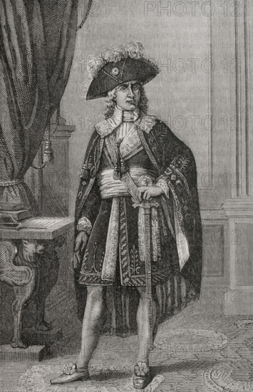 Paul Barras (Paul Francois Jean Nicolas) (1755-1829), Vicomte de Barras. French nobleman and revolutionary politician. Main executive leader of the Directory regime (1795-1799). The Viscomte de Barras in the costume of Director. Portrait. Drawing by H. Rousseau. Engraving. ""History of the French Revolution"". Volume I, part 2, 1879.