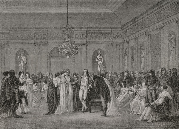 Teresa Cabarrus (Juana Maria Ignacia Teresa Cabarrus Galambert), known as Madame Tallien (1773-1835). Spanish lady, mistress and later wife of the French politician Jean-Lambert Tallien (1767-1820). The Salon of Madame Tallien, 1795. An evening party in revolutionary Paris. Engraving by Gusman. ""History of the French Revolution"". Volume I, part 2, 1879.