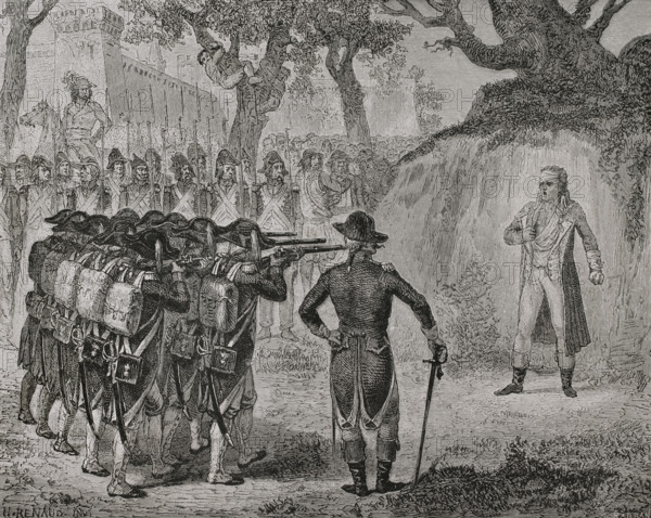 Francois de Charette (Francois Athanase Charette de La Contrie) (1763-1796). French military officer, General of the Catholic and Royal Army of Vendee. He was condemned to death and executed on 29 March 1796 at Place Viarme in Nantes. In front of the firing squad he refused to be blindfolded and commended himself to God. Death of Charette. Drawing by H. Renaud. Engraving by Barbant. ""History of the French Revolution"". Volume I, part 2, 1879.