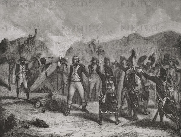 French Revolutionary Wars. War of the First Coalition (1792-1797). Italian campaigns. Battle of Montenotte (12 April 1796). The French army led by Napoleon Bonaparte defeated the Austro-Sardinian forces commanded by Eugene-Guillaume Argenteau. Engraving by Pannemaker. ""History of the French Revolution"". Volume I, part 2, 1879.